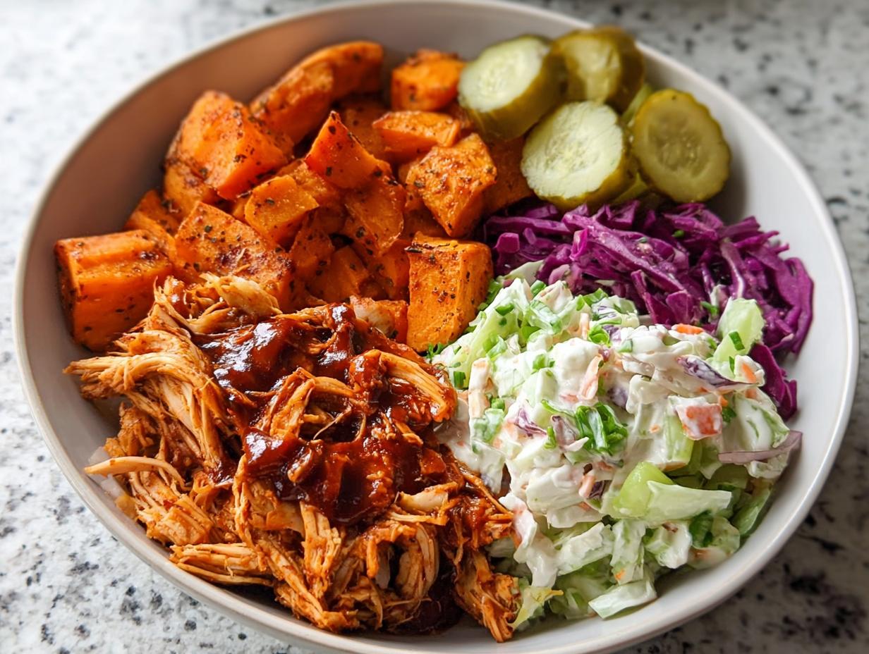 BBQ Chicken Bowls with Sweet Potatoes, Coleslaw, and Pickles - detail 1