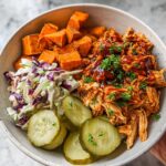 BBQ Chicken Bowls with Sweet Potatoes, Coleslaw, and Pickles