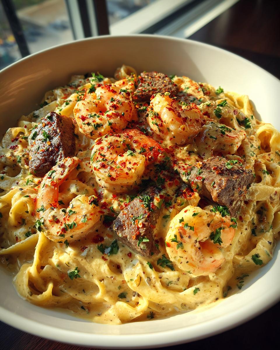 CAJUN SHRIMP AND STEAK ALFREDO PASTA - detail 1