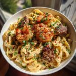CAJUN SHRIMP AND STEAK ALFREDO PASTA