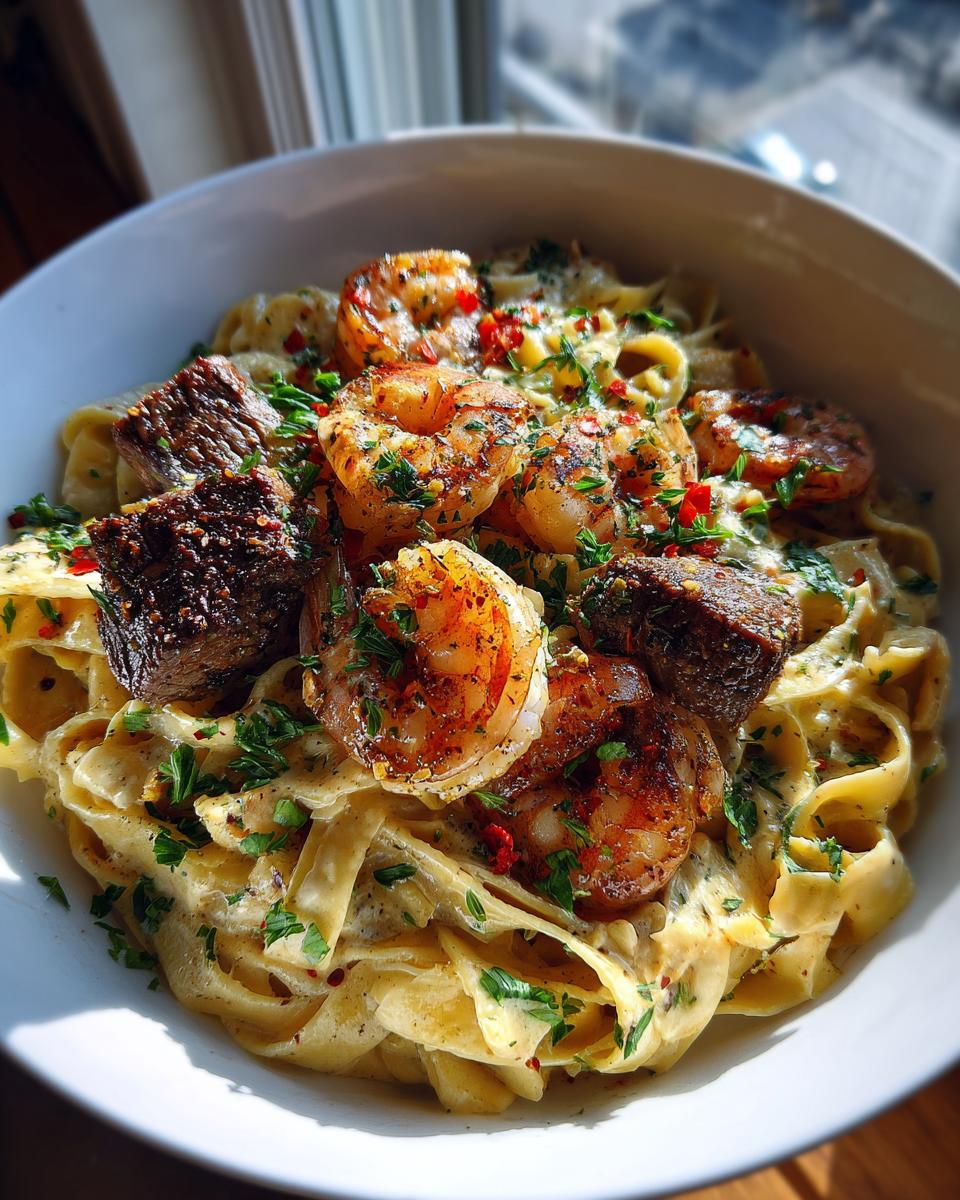 CAJUN SHRIMP AND STEAK ALFREDO PASTA - detail 2