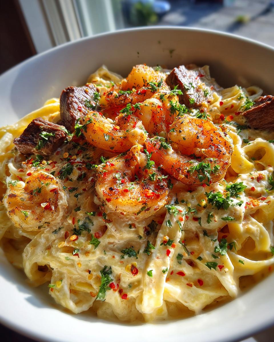 CAJUN SHRIMP AND STEAK ALFREDO PASTA - detail 3