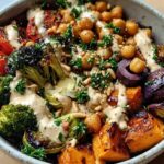 Mediterranean Roasted Veggie & Chickpea Bowls with Tahini Dressing