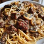 Steak Spaghetti with Mushrooms and Onions in Cream Sauce